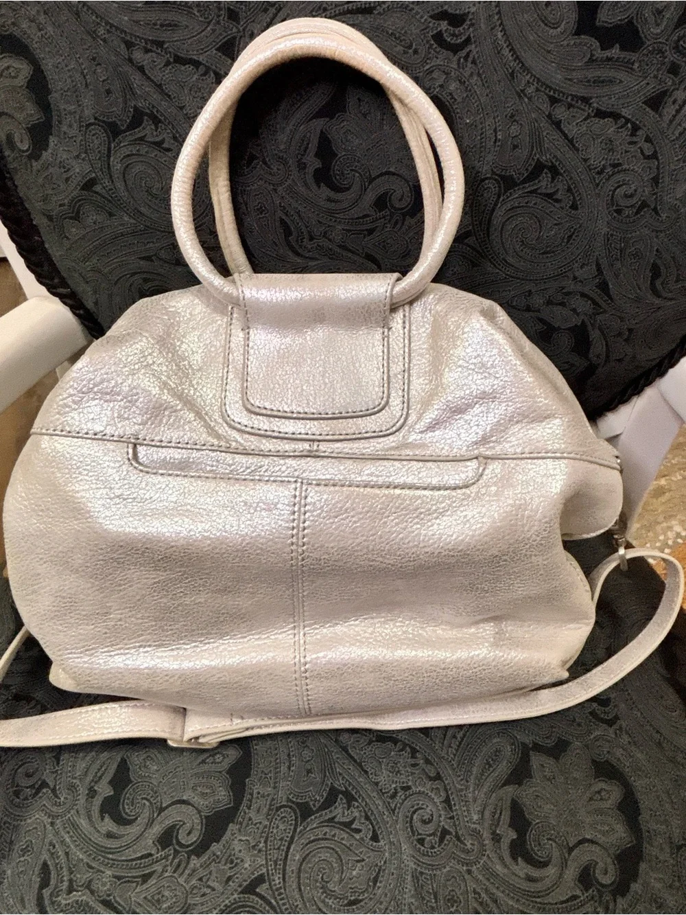 hOBO Metallic Silver Women’s Satchel Bag with Heart Charm